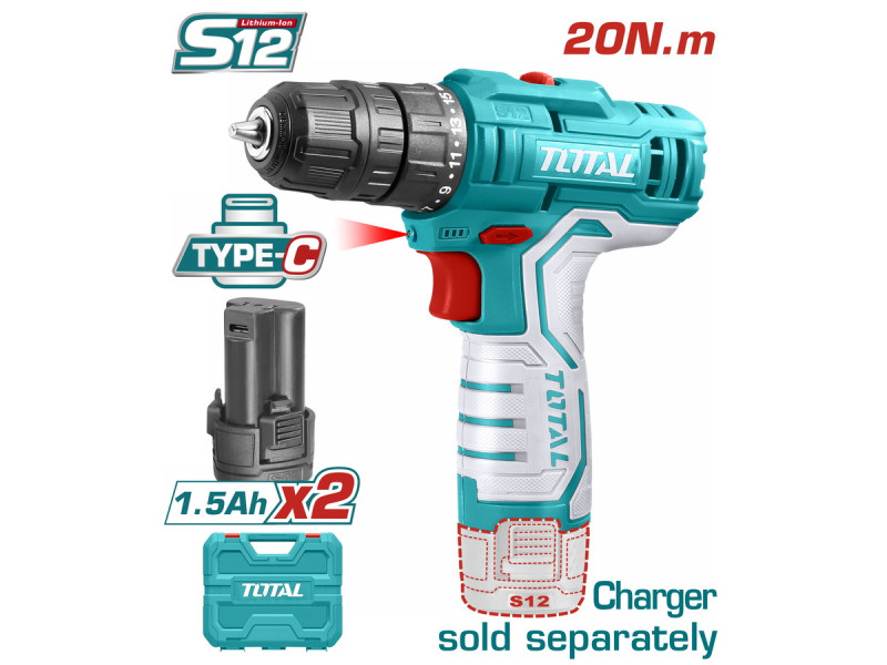 TOTAL Lithium-Ion cordless drill 12V / 1.5Ah Type C (TDLI12328)