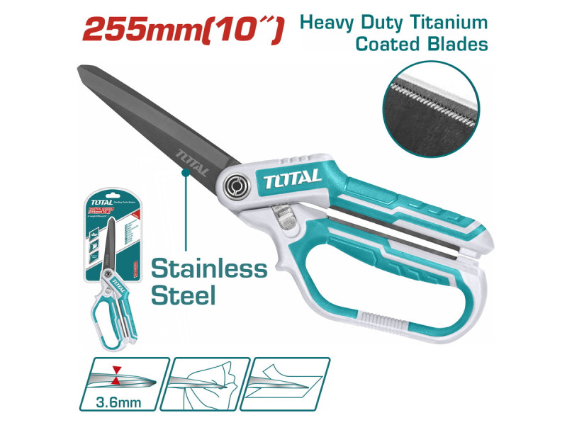 TOTAL Rubber grip long-blade heavy duty scissors 255mm (THSCRS832558)