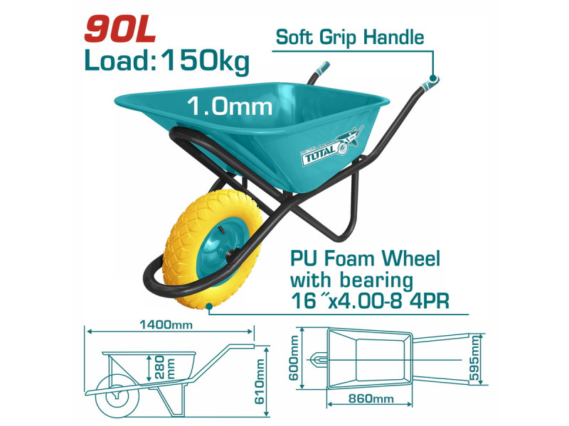 TOTAL Wheel barrow 90Lit / 150Kg with PU foam wheel (THTWB64018GPU)